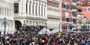 VENICE, ITALY - FEBRUARY 11: Overcrowded waterfront  Riva degli Schiavoni on February 11, 2018 in Venice